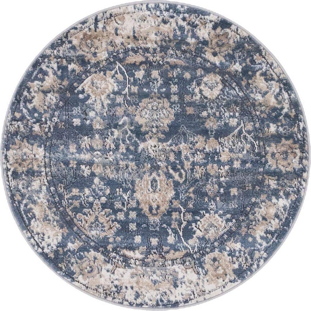 Portland Blue and Beige Round Geometric Synthetic Rug