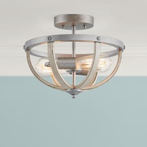 Keowee 13 in. 2-Light Galvanized Farmhouse Semi-Flush Mount with Antique White Wood Accents for Kitchens