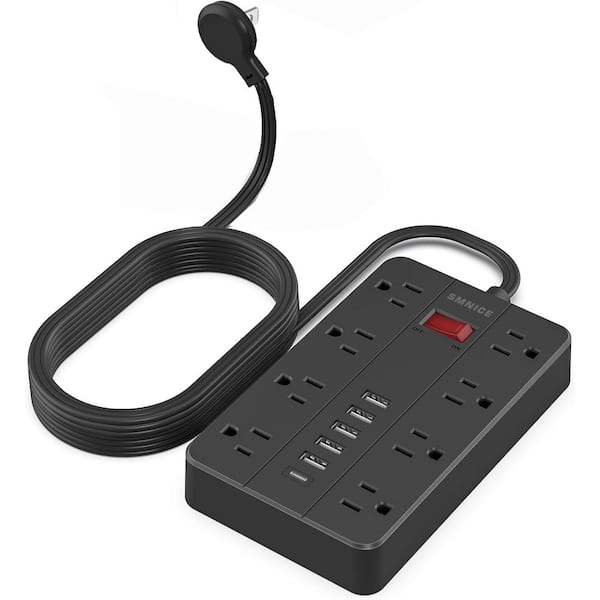 Lukyamzn 10 ft. Power Strip Surge Protector with Flat Plug, 8-Outlets and 6-USB Ports (1-USB-C), Wall Mountable in Black