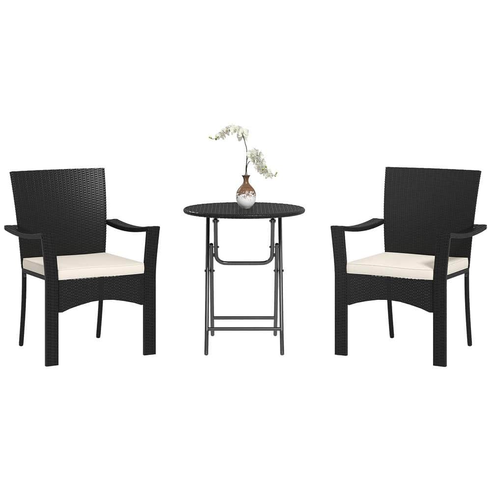 Black 3-Piece PE Rattan Metal 27.5 in. Round Outdoor Bistro Set with White 