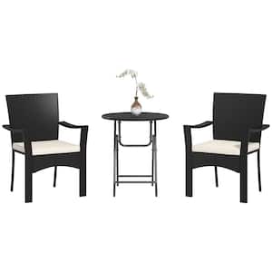 Black 3-Piece PE Rattan Metal 27.5 in. Round Outdoor Bistro Set with White Cushions