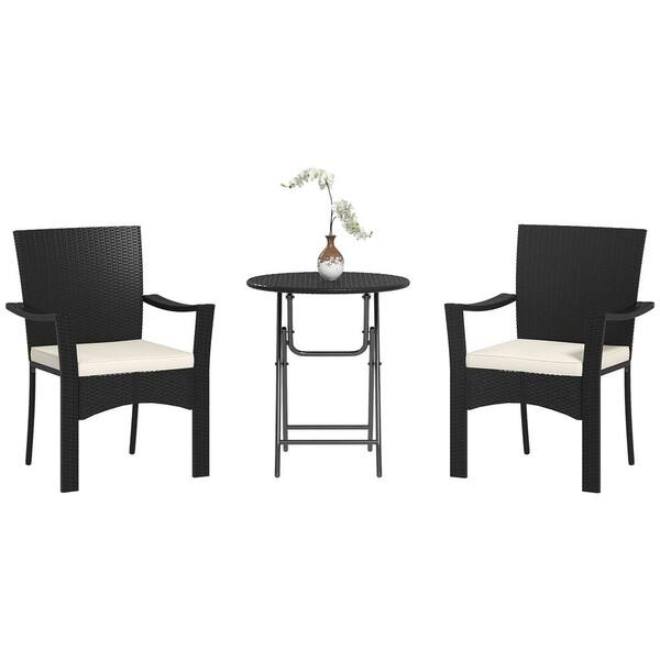 Outsunny Black 3-Piece PE Rattan Metal 27.5 in. Round Outdoor Bistro Set with White Cushions