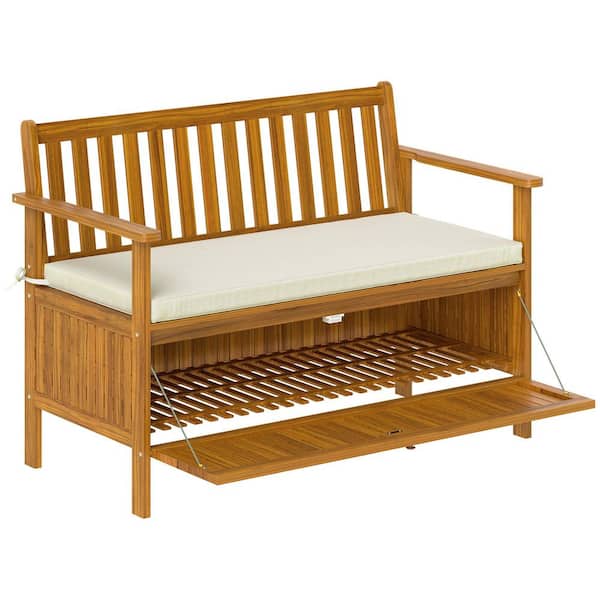 2-Person Outdoor Bench with Storage Compartment, Acacia Wood Patio Bench with Cushion, 111cm Garden Seat, Teak
