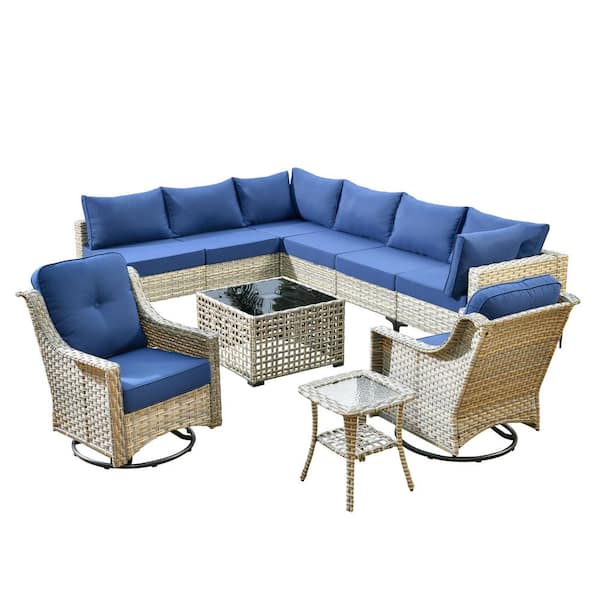 Reno 10-Piece Wicker All-Weather Outdoor Patio Sectional Furniture Set with Swivel Chairs and Navy Blue Cushions