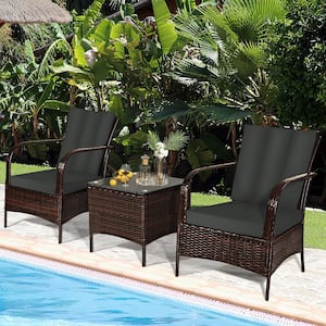 3-Piece Rattan Patio Conversation Set Outdoor Furniture Set with Gray Cushions