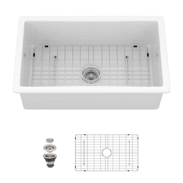 30 in. Undermount Single Bowl White Ceramic Kitchen Sink with Bottom Grids