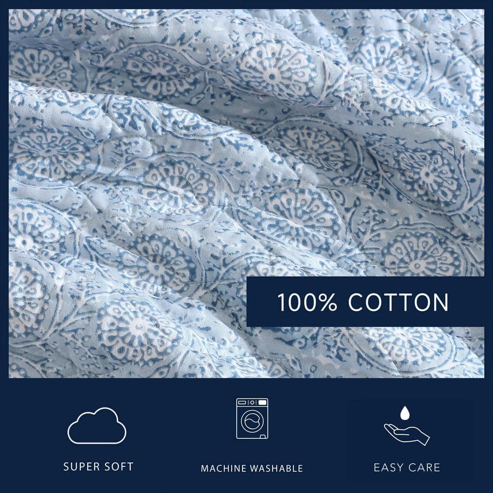 Classic Blue Cotton Reversible Twin Quilt Set with Puff Embellishment