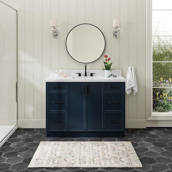 ARIEL Kelly 48 in. Single Sink Freestanding Bathroom Vanity in Midnight Blue with Carrara White Marble Top