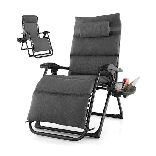 ANGELES HOME Black Metal Zero Gravity Outdoor Lounge Chair with Removable Gray Cushion, Headrest and Cup Holder Tray