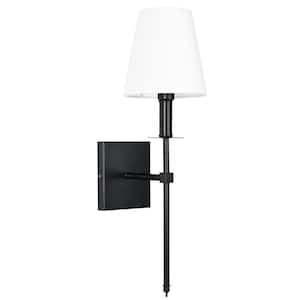 1-Light Matte Black Wall Sconce with White Fabric Shade
