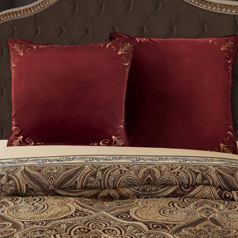 Crimson Velvet Embroidered Euro Sham with Gold Accents