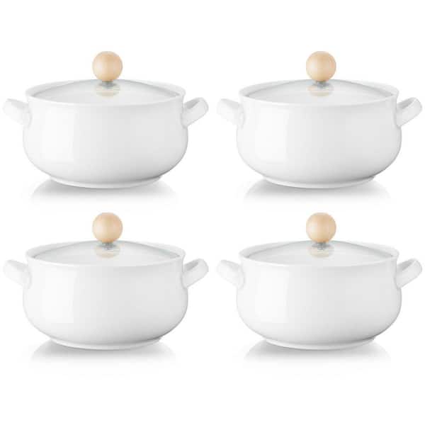 4-Piece White Ceramic Soup Bowls Set with Double Handles Glass Lids Oven Safe French Onion Chili Stew Crocks