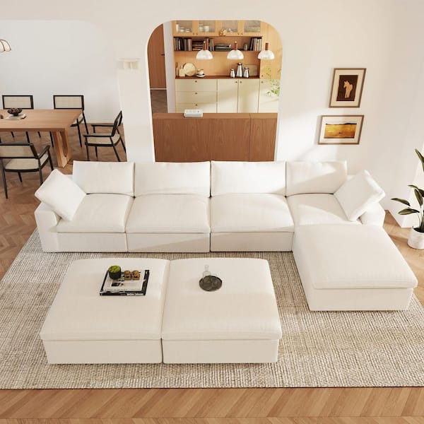 157 in. Square Arm 7-Piece Linen L-Shaped Sectional Sofa Corner Cloud Couch in White with Ottoman