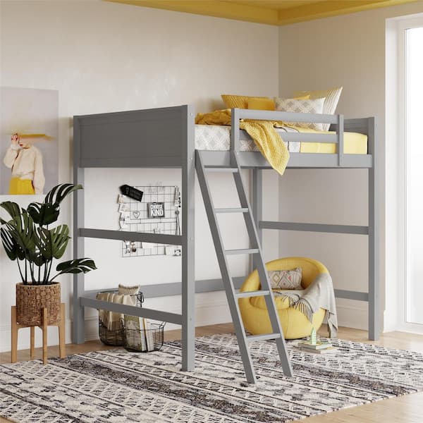 Brio Gray Loft Bed for Kids Bedroom Furniture Full Size Wood Frame