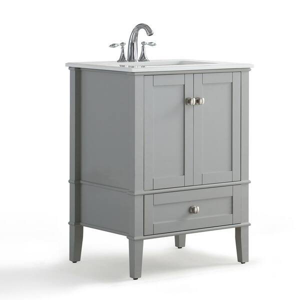 Simpli Home Chelsea 24 in. W x 21.5 in. D x 34.7 in. H Bath Vanity in Grey with Quartz Marble Vanity Top in White with White Basin