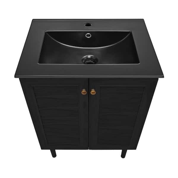 Bron 24 in. Freestanding Bathroom Vanity in Black Oak with Black Ceramic Sink Top
