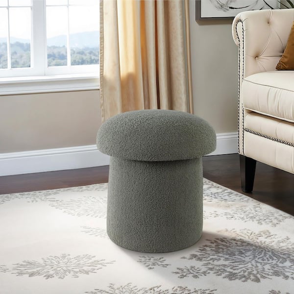 Green Velvet Wood Base Mushroom Boucle Stool 17 in. Ottoman