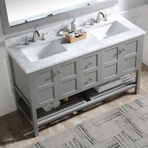 YN20 60 in. W x 22.05 in. D x 39.8 in. H Bathroom Vanity in Grey with White Marble Counter Top Double Sink