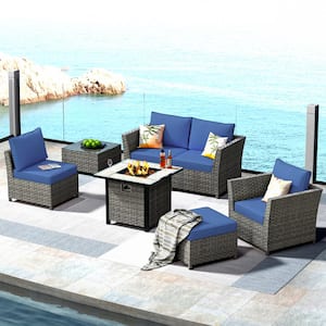 Bexley Gray 7-Piece Wicker Fire Pit Patio Conversation Seating Set with Navy Blue Cushions