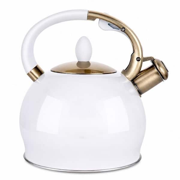 10-Cup White Stove Top Whistling Tea Kettle, Food Grade Stainless Steel with Cool Touch Handle, Fast Boiling