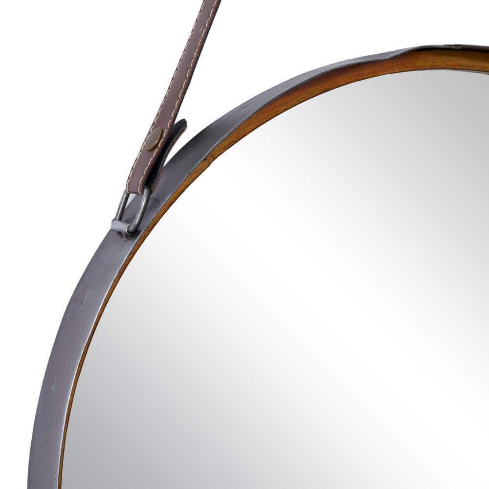 Contemporary Round Gold Metal Mirror with Leather Hang Strap