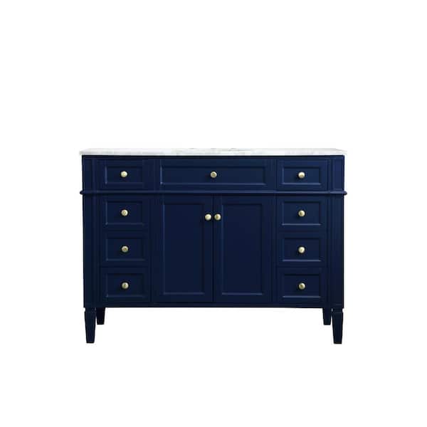Unbranded Timeless Home 48 in. W x 21.5 in. D x 35 in. H Single Bathroom Vanity in Blue with White Marble Top and White Basin