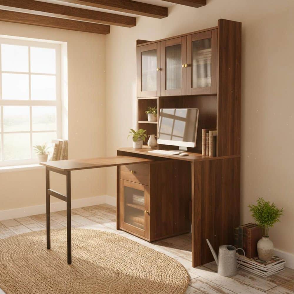 NOKP 70.87 in. Tall Walnut Brown Particle Board Barrister Bookcase with Glass Door Cabinets, Drawer, Rotating Desktop