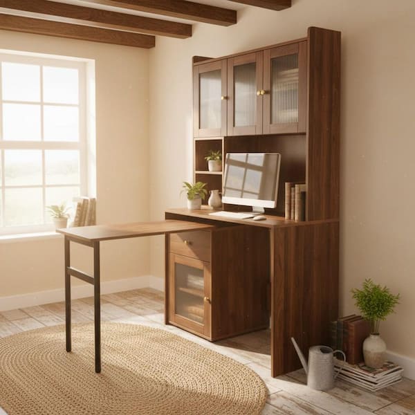 NOKP 70.87 in. Tall Walnut Brown Particle Board Barrister Bookcase with Glass Door Cabinets, Drawer, Rotating Desktop