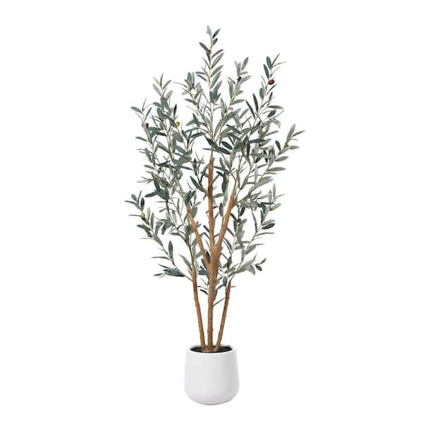 DR.Planzen 5 ft. Fake Olive Tree with Oval White Planter, Faux Olive Plants with Realistic Leaves and Natural Trunk