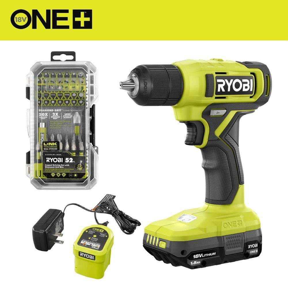 ONE+ 18V Cordless 3/8 in. Drill/Driver Kit with 1.5 Ah Battery, Charger, and Diamond Grit Driving Set (52-Piece)