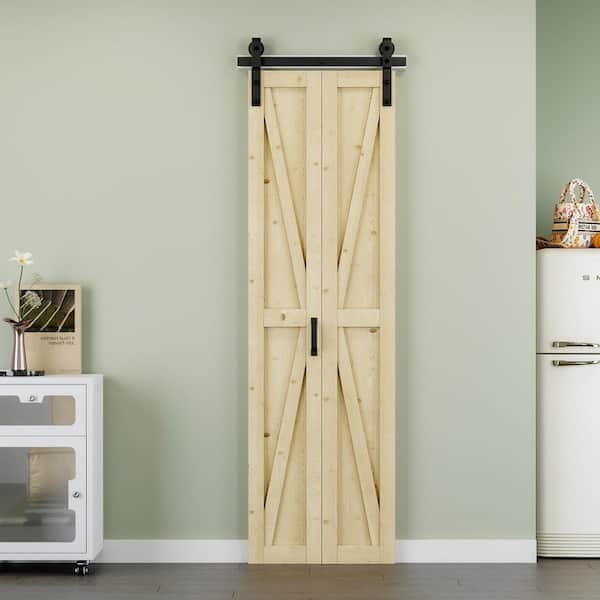 25 in. x 84 in. Paneled Pine Wood Solid Core Unfinished K Shape Composite Bi-fold Door with Bifold Barn Door Hardware