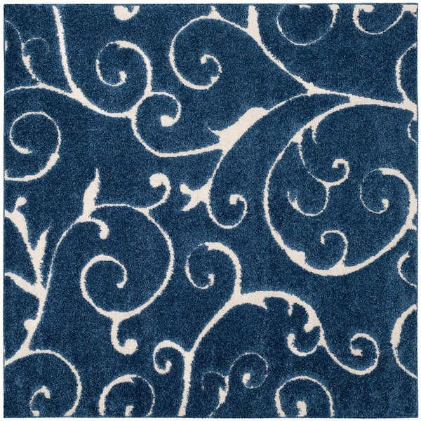 SAFAVIEH Florida Shag Dark Blue/Cream 4 ft. x 4 ft. Square Floral Area Rug