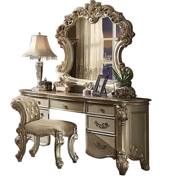 Acme Furniture Vendome Gold Patina and Bone Finish Makeup Vanity with Drawers (1-Piece)