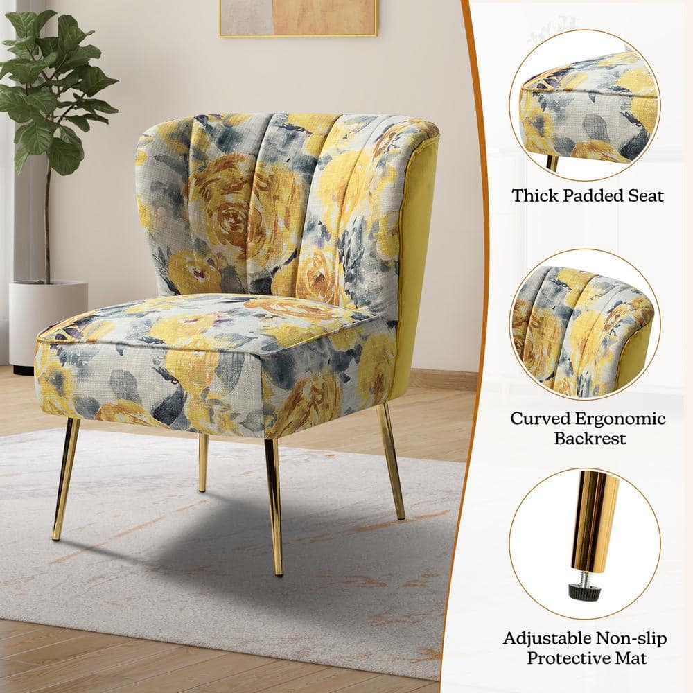 Yellow Floral Tufted Slipper Chair with Gold Metal Legs