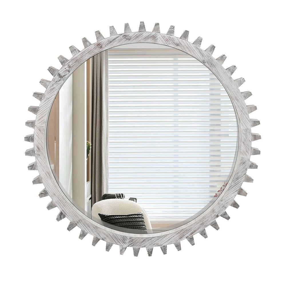 Antiqued White Distressed Wood Round Gear-Shaped Mirror 34" x 34"