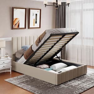 78 in. W Beige Full Size Upholstered Platform Bed with Storage Underneath Wooden Bed Frame with Hydraulic Storage System