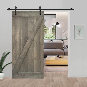 30 in. x 84 in. Z Bar Weather Gray Stained Solid Knotty Pine Wood Interior Sliding Barn Door with Sliding Hardware Kit