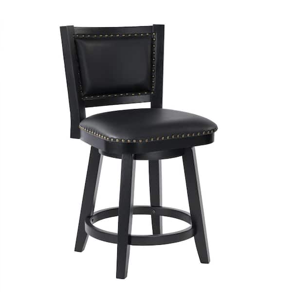 Benjara 25.75 in. Black and Brass Low Back Wood Frame Bar Stool with Faux Leather Seat
