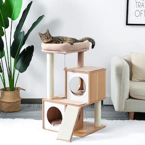34 in. Beige Cat Tree Cat Tower Double Condos Spacious Perch Wrapped Scratching Sisal Posts Replaceable Dangling Balls