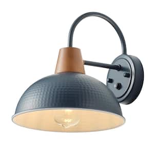 Modern Blue Exterior Gooseneck Outdoor Hardwired Barn Light Fixture Dusk to Dawn Wall Sconce with Hammered Metal Shade