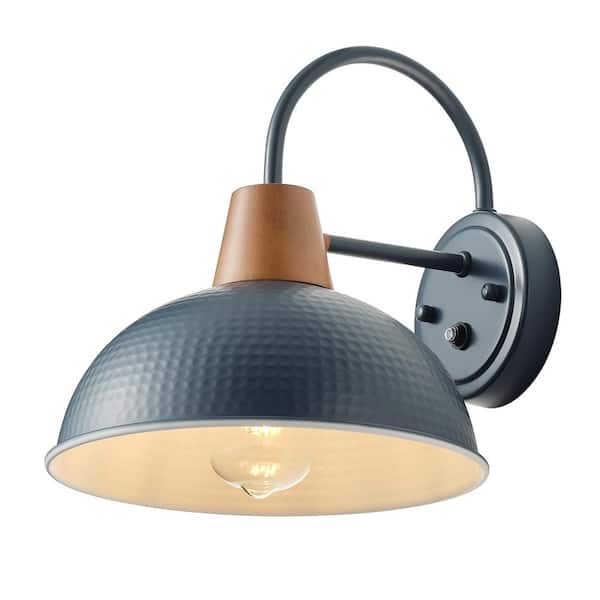 Modern Blue Exterior Gooseneck Outdoor Hardwired Barn Light Fixture Dusk to Dawn Wall Sconce with Hammered Metal shade