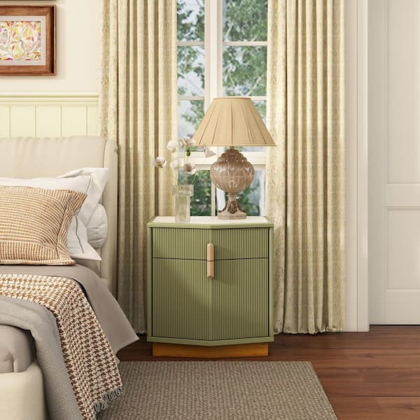 Kaveren Modern Olive Green 2-Drawers 22 in. W Nightstand for Bedroom, Vertical Stripes Bedside Table