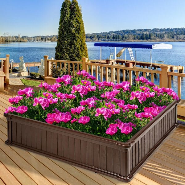 12 in. Brown Plastic Square Plant Box Planter Raised Garden Bed