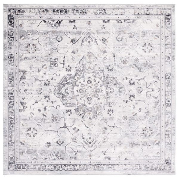 Shivan 7 ft. x 7 ft. Ivory/Gray Distressed Border Medallion Square Area Rug