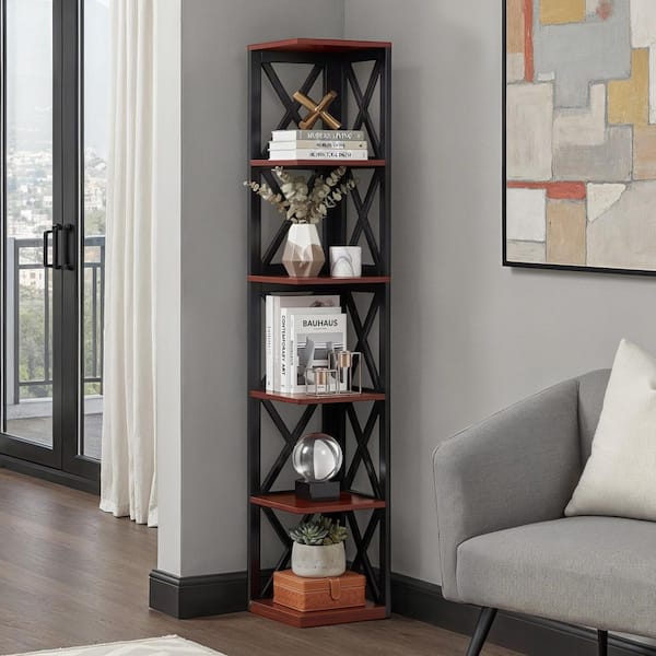 Oxford 65.5 in. H Cherry and Black MDF 5-Shelf Corner Bookcase