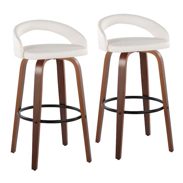 Lumisource Grotto Upholstered 29 in. White Faux Leather, Walnut Wood, and Black Metal Fixed Height Barstool (Set of 2)