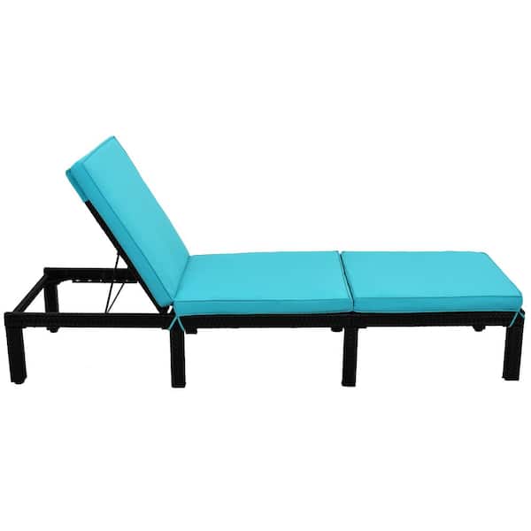 Unbranded Patio Dark Brown Wicker Outdoor Wicker Chaise Lounge with Blue Cushion