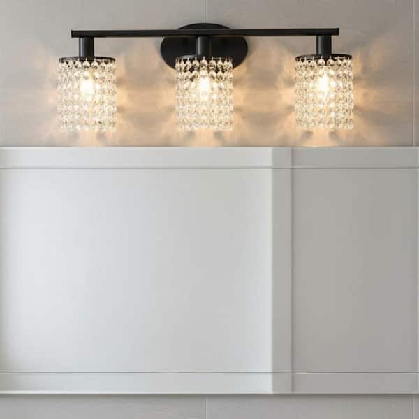 20.87 in. 3-Light Matte Black Vanity Wall Lamp with Crystal Shade