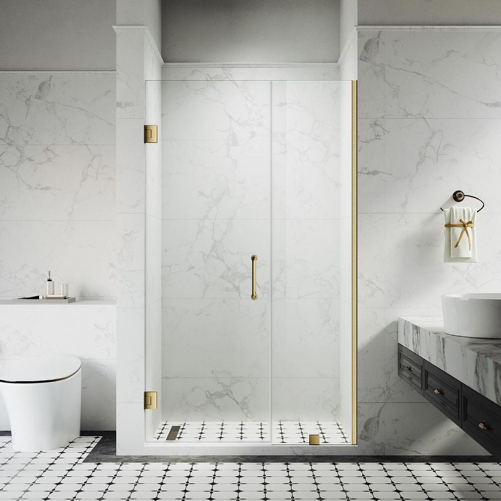 "UKH07-A 47-1/8 to 48 in. W x 80 in. H Hinged Frameless Shower Door in Satin Brass, EnduroShield 3/8"" SGCC Clear Glass" price history on PriceWatchPro