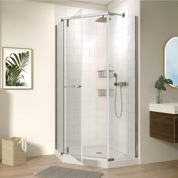35.56 in. W x 72 in. H Neo Angle Pivot Semi Frameless Corner Shower Enclosure in White Finish with Clear Tempered Glass